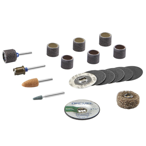 Heavy Duty EZ Lock Sanding And Grinding Rotary Tool Accessories Kit With Eighteen Pieces includes various grinding stones and drum mandrels.