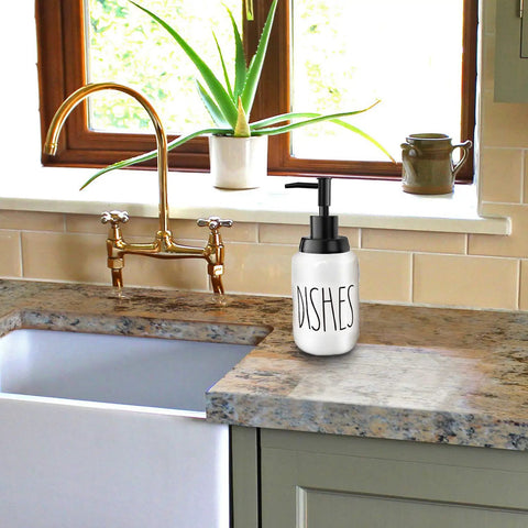 Farmhouse Ceramic Soap Dispenser With White Glaze, Bold Black Pump And Lettering, 14oz on kitchen counter