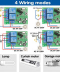 Diagram of DC 12V 24V 30V Universal Wireless Remote Relay Switch Kit 433MHz RF Receiver Board with wiring modes and usages for motors, lights, gates, doors.