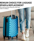 Heavy Duty Suitcase Wheels Replacement Set With Tough Rubber 360 Swivel Casters And Precision Bearings on a blue luggage at airport.