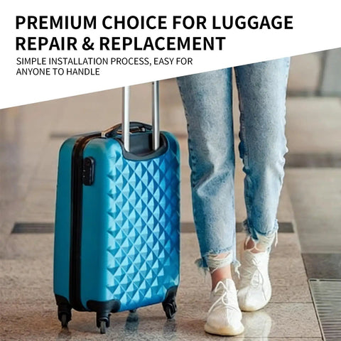 Heavy Duty Suitcase Wheels Replacement Set With Tough Rubber 360 Swivel Casters And Precision Bearings on a blue luggage at airport.