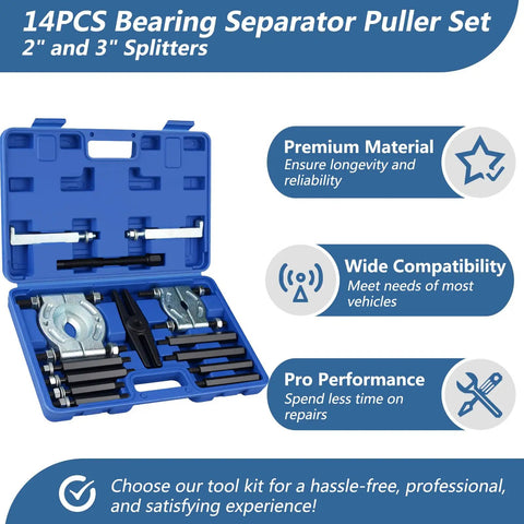 Heavy Duty 14Pc Bearing Puller Set With 5 Ton Capacity Separator Splitter Removal Of Gears Pulleys Steering Wheels Blue Pro Tool Kit in case