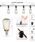 Diagram of 50 Ft Outdoor String Lights With 27 Shatterproof LED Edison Bulbs, showing dimensions, bulb removal, and hanging hook.