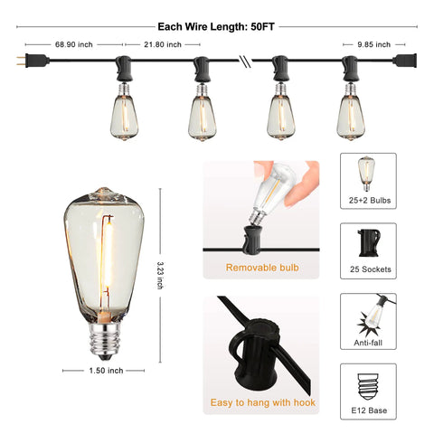 Diagram of 50 Ft Outdoor String Lights With 27 Shatterproof LED Edison Bulbs, showing dimensions, bulb removal, and hanging hook.