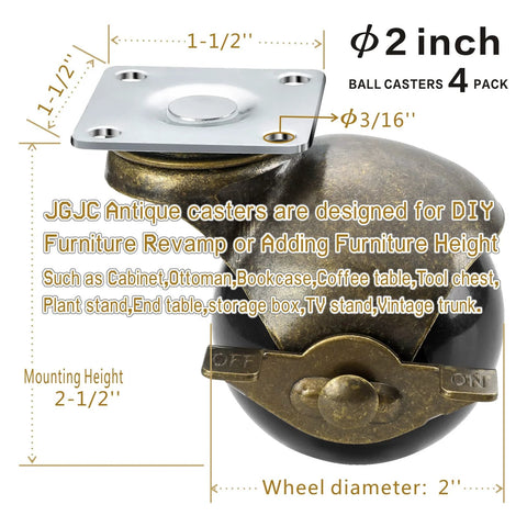 2 Inch Antique Brass Caster with Brake and measurements diagram for furniture, showcasing swivel mechanism and polypropylene wheel.