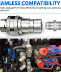 One Quarter Inch Hydraulic Quick Connect Couplers With Dust Caps ISO 7241 B Poppet Valve Pioneer Style Zero Leak For Agricultural And Industrial Equipment Heavy Duty NPT Thread And Body Set Of 2, displaying installation and parts