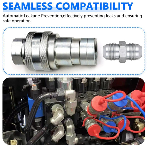 One Quarter Inch Hydraulic Quick Connect Couplers With Dust Caps ISO 7241 B Poppet Valve Pioneer Style Zero Leak For Agricultural And Industrial Equipment Heavy Duty NPT Thread And Body Set Of 2, displaying installation and parts