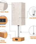 Diagram of Set Of 2 Bedside Table Lamps With USB Charging Port And AC Outlet featuring fabric shade, AC outlet, and pull chain.