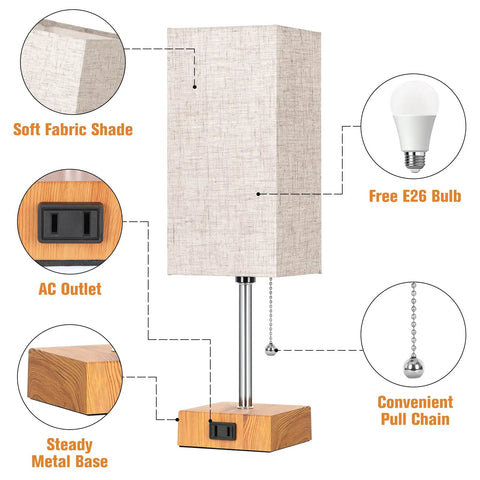 Diagram of Set Of 2 Bedside Table Lamps With USB Charging Port And AC Outlet featuring fabric shade, AC outlet, and pull chain.