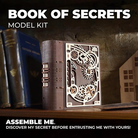 Wooden 3D Puzzle Box For Adults With Steampunk Combination Lock, Book Of Secrets DIY Mechanical Puzzle Kit on shelf