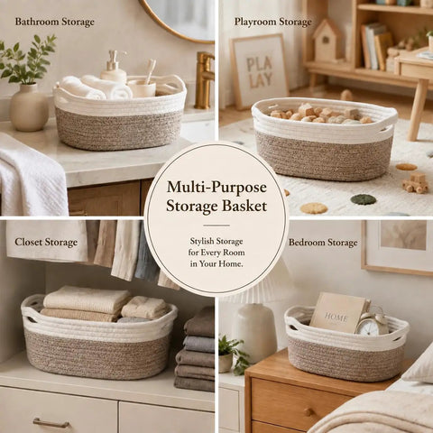 No Sweat Cotton Fabric Storage Baskets 4 Pack Organizers For Shelf And Cabinet White Khaki in bathroom with towels.