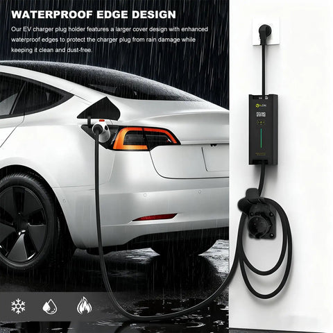 EV Charger Holder Wall Mount For SAE J1772 Cables, Cord Hanger With Screws And Anchors in use on a white car outdoors