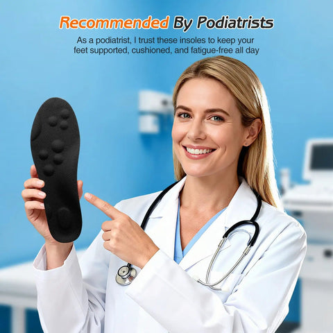 Podiatrist holding Soft Cloud Memory Foam Insoles For Women With Heel Shock Pad, Trim-To-Fit Arch Support Cushions in a clinic.