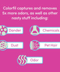Pet Friendly 20x30x1 Air Filter Six Pack With Color Changing Tech, MERV 8 infographic showing removal of dander, chemicals, dust, pet hair, odor.