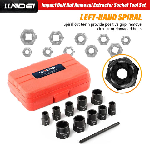 Metric Bolt Extractor Set With Ten Plus One Pieces For Removing Broken Stripped Rusted Nuts Screws And Studs Three Eighth Inch Size Tools With Durable Storage Case And Lug Nut Remover Kit, including black extractors and red case.
