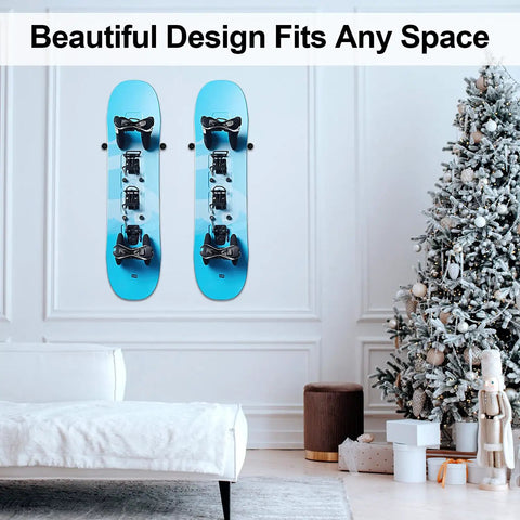 Rock Solid Vertical Ski Hangers And Snowboard Wall Mount Rack Set With Screws And Anchors Premium Black Storage Brackets For Garage Or Basement A Total Game Changer Today on white wall with snowboards.