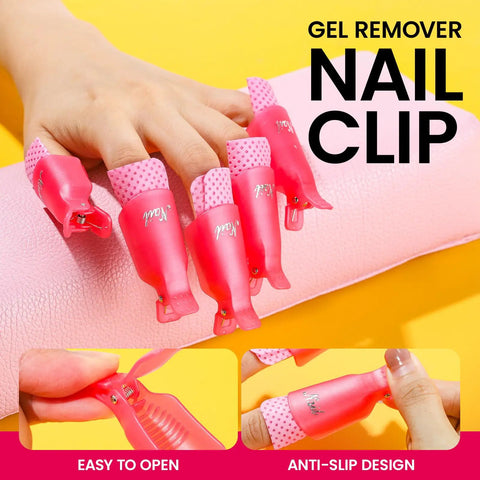 Must Have Pro Grade Gel Nail Polish Remover Tools Kit with pink soak off clips on fingers for easy home gel removal.