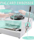 Heavy Duty PVC Card Embosser With 72 ISO Standard Characters, showing handle and turntable for easy card personalization.