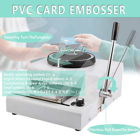 Heavy Duty PVC Card Embosser With 72 ISO Standard Characters, showing handle and turntable for easy card personalization.