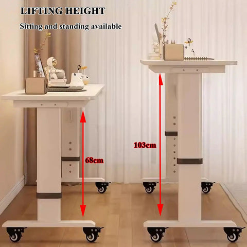Game Changing Ergonomic Height Adjustable Overbed Table With Smooth Ball Bearing Casters For Mobile Laptop Workstations And Cozy Apartment Living Spaces showing height adjustments from 68cm to 103cm.