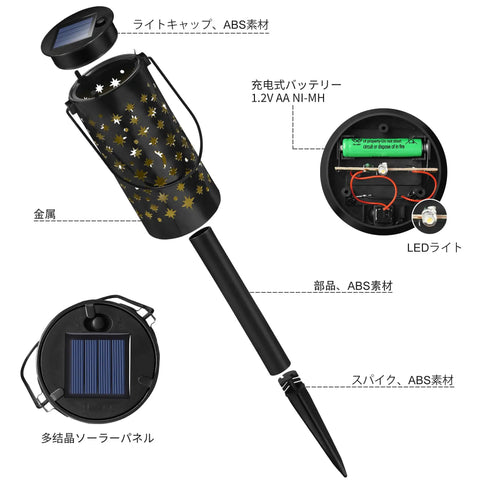 Detailed view of Six Pack Metal Solar Pathway Lights With Star Moon Hanging Lanterns, showing solar panel and LED components.