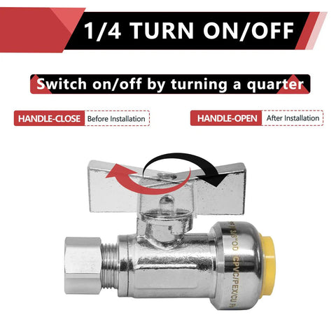 10 Pack 1/4 Turn Push Fit Straight Stop Valve Water Shut Off 1/2 Inch Push X 3/8 Inch Compression Chrome valve image