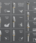 20-piece tungsten carbide burr set for die grinder with 1/8 in shank; assorted shapes (cylinder, ball nose, cone, flame)