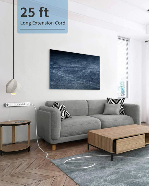 Beefy Heavy Duty 25 Feet Extension Cord Power Strip With Surge Protector used in living room with sofa and table.