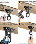 Installation steps for Heavy Duty 360 Degree Rotating Hammock Hooks Kit With 1200 Lb Capacity on wooden beam.
