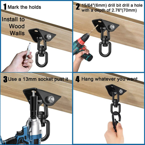 Installation steps for Heavy Duty 360 Degree Rotating Hammock Hooks Kit With 1200 Lb Capacity on wooden beam.