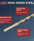 Side view of Kozelo 2-piece drill bits, 17/64 in diameter, M2 high-speed steel, gold-coated, 135° point