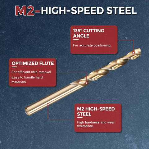 Side view of Kozelo 2-piece drill bits, 17/64 in diameter, M2 high-speed steel, gold-coated, 135° point