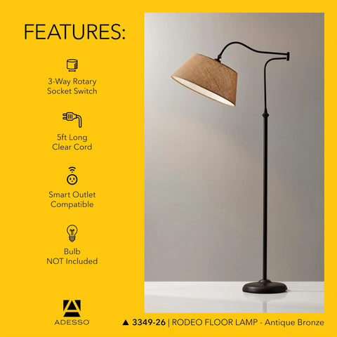Antique Bronze Floor Lamp With Khaki Burlap Drum Shade, 3 Way Brightness And Adjustable Swing Arm, Perfect For Bedroom Or Home Office, Dope Modern Rustic Living Room Vibe, Stands 60.25 Inches Tall, displayed against yellow background