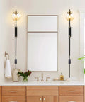 Dope Black Globe Shade Wall Sconces Set Of 2, Modern Indoor Plug-In Lamps with glass lampshades beside bathroom mirror