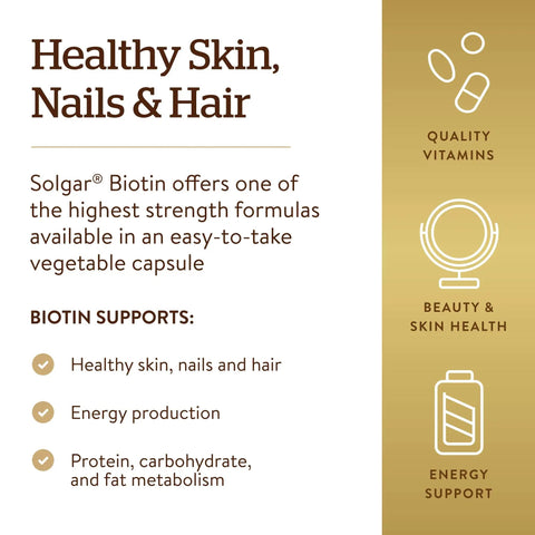 Infographic highlighting benefits of Solgar Biotin capsules for skin, hair, nails, and energy; mentions energy and metabolism support.