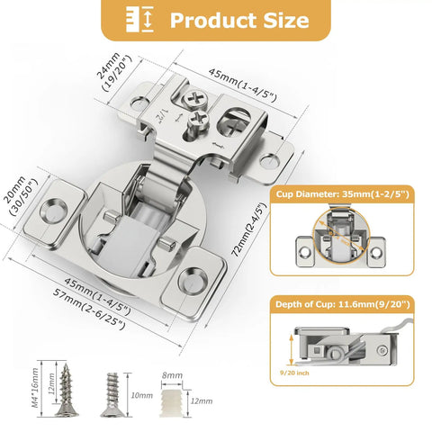 Diagram of Fifty Piece One Half Inch Overlay Soft Close Concealed Cabinet Hinge Set For Face Frame Doors showing dimensions and parts.