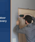 Bulk Door Install Kit With 77 Brackets And All Screws Delivers Fast Shim Free Install For 11 Doors Using 7 Brackets Each Or 12 Point 8 Doors With 6 Brackets Achieving 10X Faster Setup And A Consistently Perfect Reveal being used to install a door with a power drill, ensuring precise reveal.