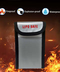 4 Pack LiPo Battery Safe Bag Fireproof Storage Pouch for RC Batteries showing flame-retardant material with 'LIPO SAFE' text