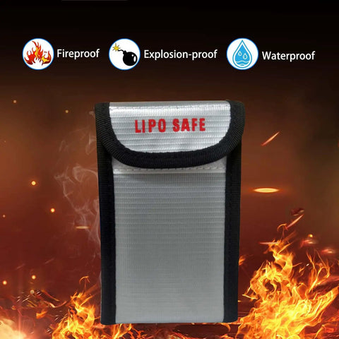 4 Pack LiPo Battery Safe Bag Fireproof Storage Pouch for RC Batteries showing flame-retardant material with 'LIPO SAFE' text
