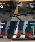 Before and after comparison of Heavy Duty PVC Floor Cord Cover for wires and cables, reducing trip hazards in office with black ramp.