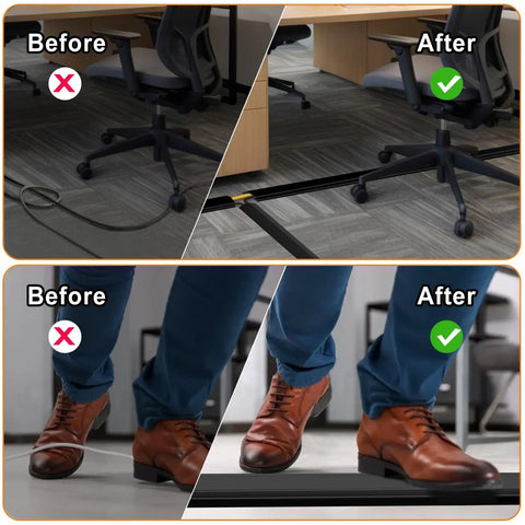 Before and after comparison of Heavy Duty PVC Floor Cord Cover for wires and cables, reducing trip hazards in office with black ramp.