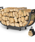 24 Inch Indoor Firewood Rack With Carrier, Thickened Metal Rustproof Wood Storage Rack holding stacked logs