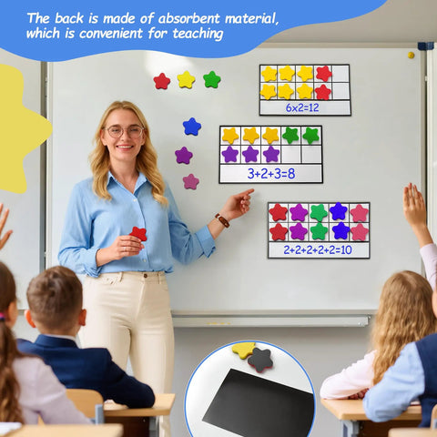 Teacher using Magnetic Ten Frame Set 74 PCS for Kids Ages 5 to 7 in classroom math lesson on whiteboard.