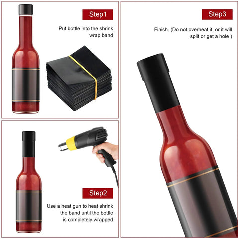 Top Shelf Black Shrink Bands For Bottles And Jars Hella Secure Tamper Proof Sealing Sleeves Sixty Five By Sixty Millimeter Dimensions Two Hundred Count Bulk Wrap application steps for using shrink bands on bottles.