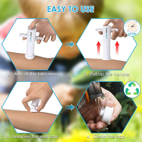 Two Pack Kid Friendly Bug Bite Relief Suction Tool For Kids And Adults Venom Extractor Sucker For Instant Itch Relief And Swelling Reduction Easy First Aid For Outdoor Hiking Camping Natural Bite And Sting Care Essentials On The Go, white plastic, shown in use