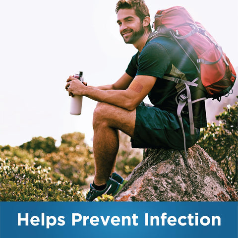 Person sitting outdoors with a backpack, holding a bottle. Text: 'Helps Prevent Infection.' Focus on outdoor protection and hygiene.