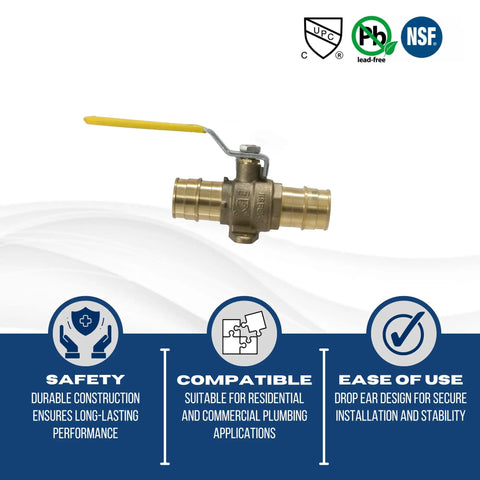 5 Piece Set 1 Inch PEX A Expansion Ball Valve With Drop Ear, Compatible With All PEX A Tubing, 400 PSI, ANSI NSF 61 ASSE 1061 Certified
