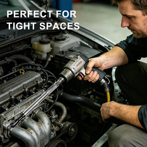 Mechanic using Half Inch Offset Extension Wrench With Impact Ratchet 120Nm 42T Precision Gear 430mm Long in engine bay.