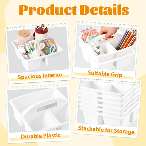 Six Pack Three Compartment Plastic Classroom Organizer With Handle White Caddy for pencils, crayons, and markers visible