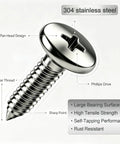 304 Stainless Steel Wood And Sheet Metal Screws Set, 280 Pcs Pan Head Phillips Self Tapping Screws In Sizes Six And Eight, Lengths One Half Inch To One Inch, Marine Grade Corrosion Resistant For Wood Metal And Gypsum, close-up of pan head Phillips screw